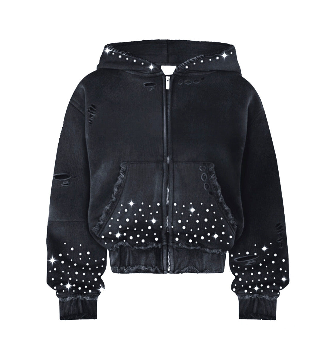 Black Washed Distressed Rhinestone Hoodie