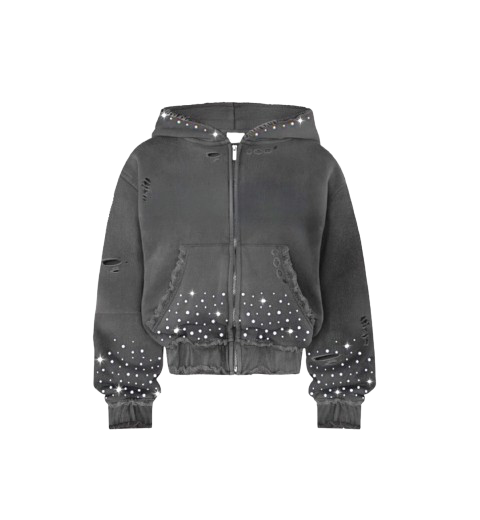Grey Washed Distressed Rhinestone Hoodie