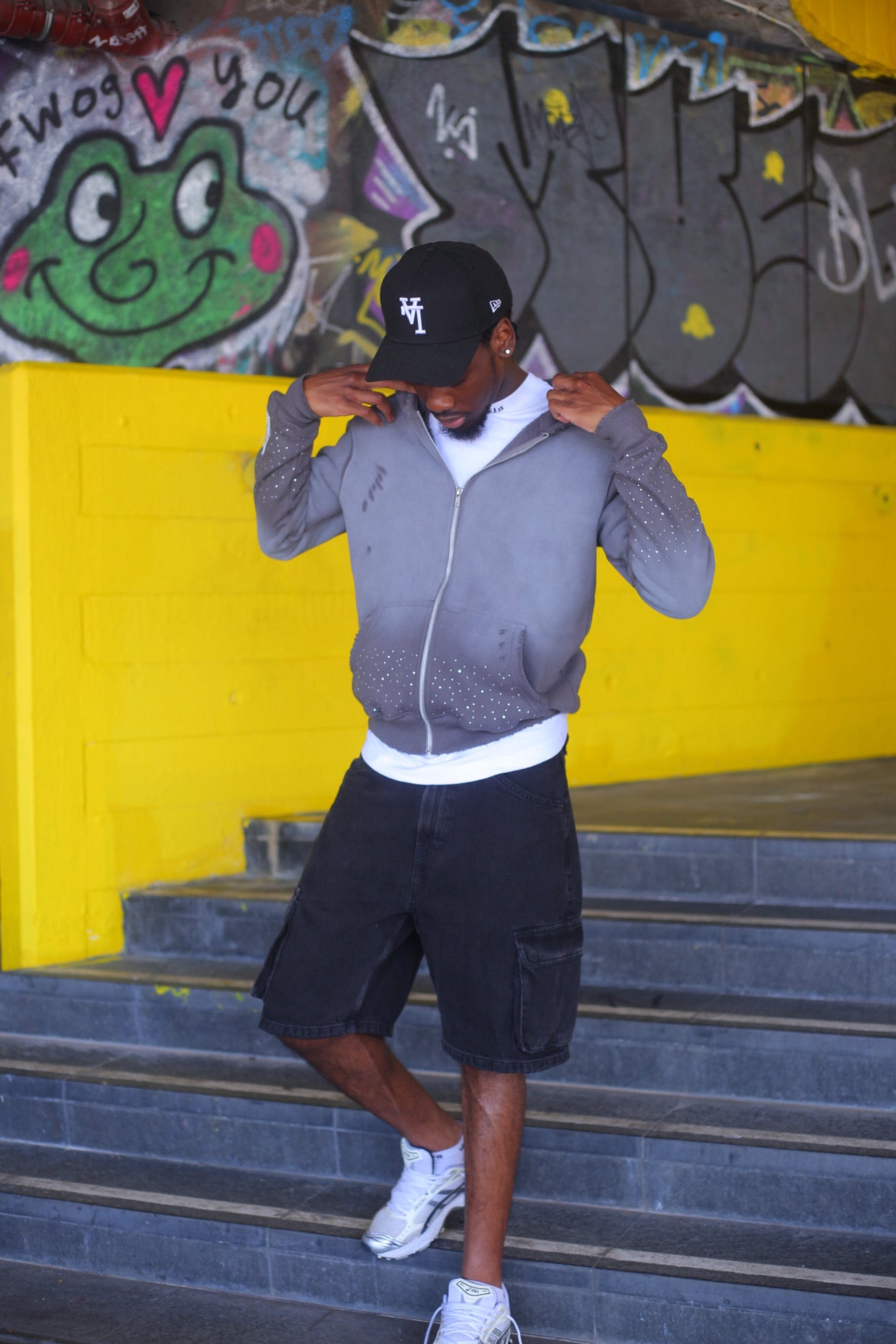 Grey Washed Distressed Rhinestone Hoodie