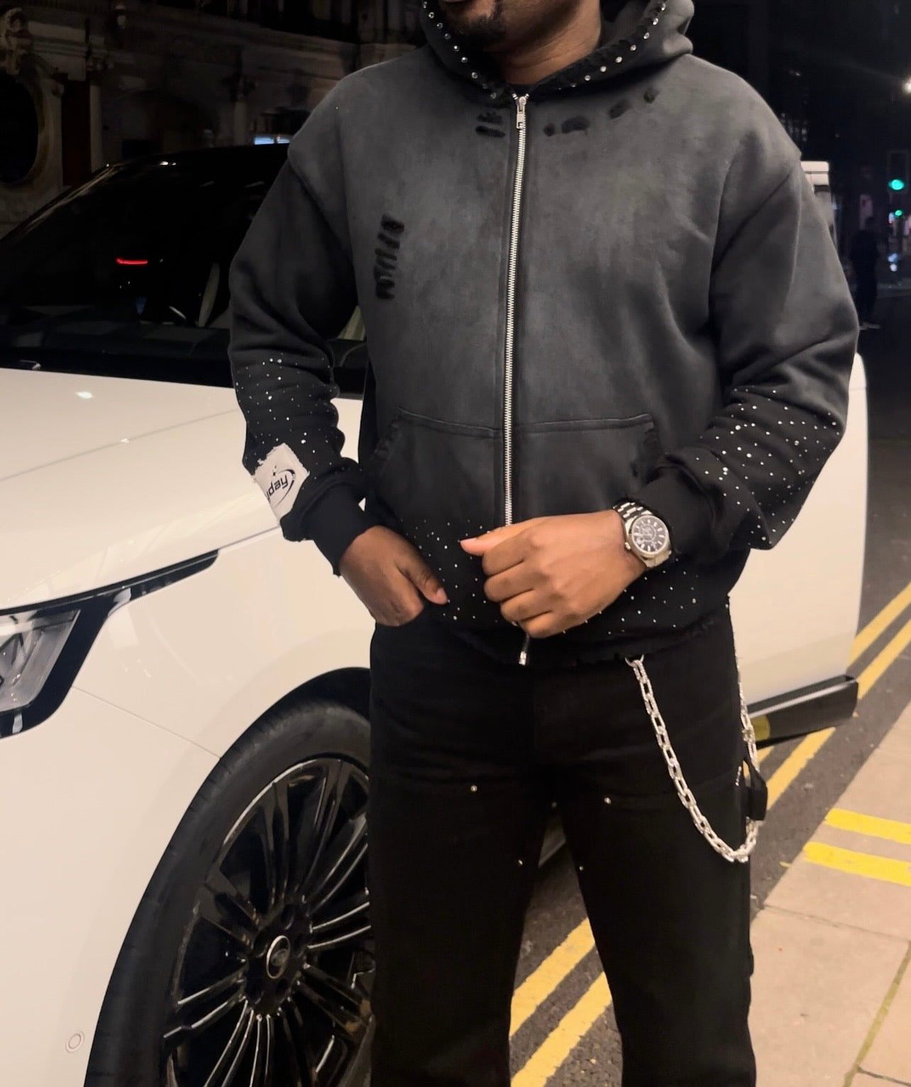 Black Washed Distressed Rhinestone Hoodie