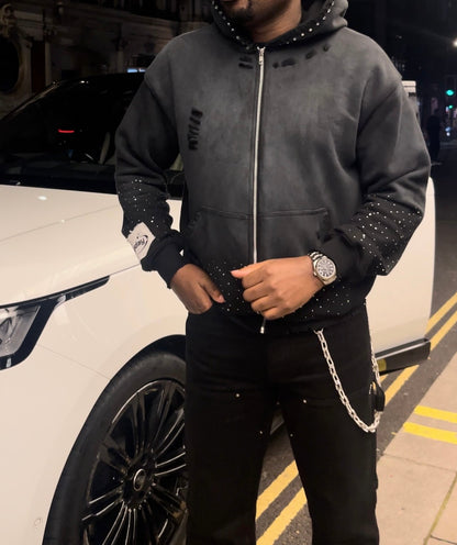Black Washed Distressed Rhinestone Hoodie