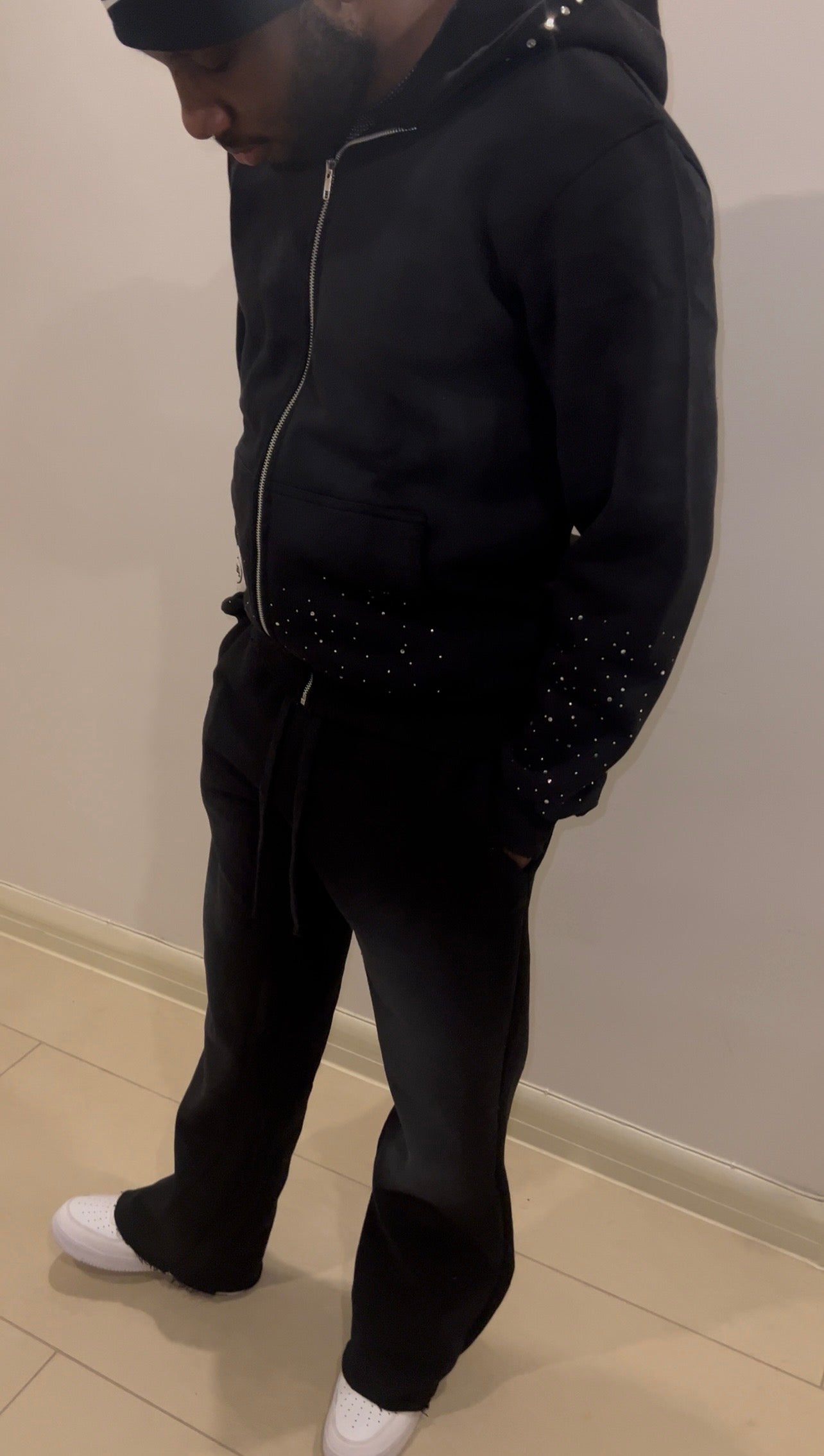 Black Washed Distressed Rhinestone Hoodie