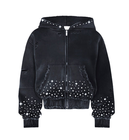 Black Washed Distressed Rhinestone Hoodie