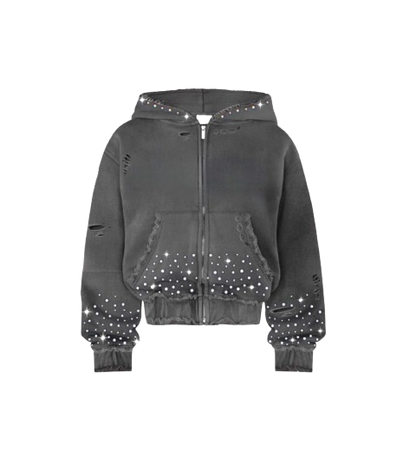 Grey Washed Distressed Rhinestone Hoodie