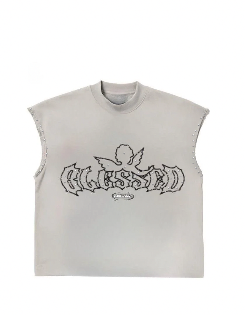 ‘Blessed’ Grey Rhinestone Sleeveless Vest