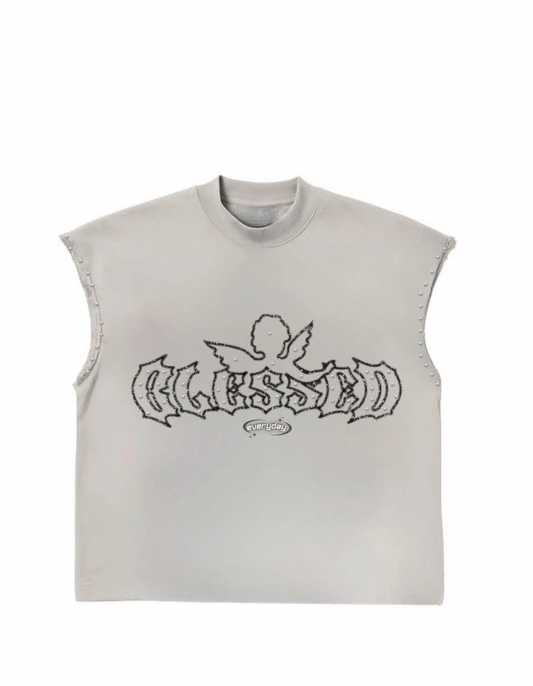 ‘Blessed’ Grey Rhinestone Sleeveless Vest