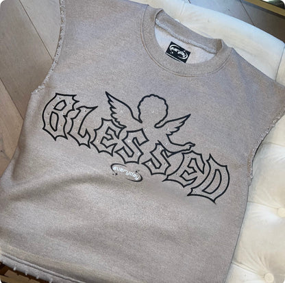‘Blessed’ Grey Rhinestone Sleeveless Vest